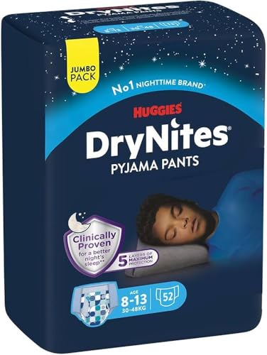 Huggies DryNites Fraldas de noite para crianças 8-13 (30 - 48 kg), testadas clinicamente com 5 camadas de máxima proteção noturna, 4 pacotes de 13, total 52 cuecas absorventes