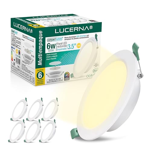 LUCERNA Downlight LED teto embutido, holofotes LED interior do teto, Plafon LED teto orifícios, painel LED em PACK de 6 (luz branca quente (3000 K), 6 W)
