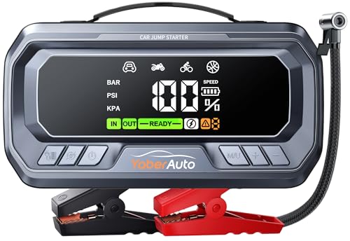 Arrancador de baterias de carro com compressor de ar, 6500A 160PSI YaberAuto arranque de carro portátil (todo gás / 12,0 l gasel) com 65 W carregamento rápido, insuflador, tela grande e lanterna LED