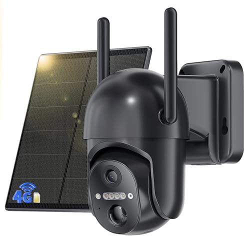 NUASI 4G LTE Câmara de vigilância exterior com SIM, 2K 360 graus PTZ câmara com painel solar, deteção de movimento PIR, visão noturna colorida, áudio bidirecional, IP66 impermeável