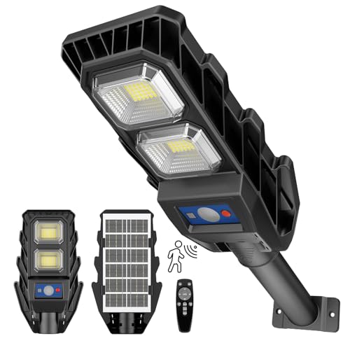 JESLED Lanterna solar LED 60 W com sensor de movimento e comando, 4500 mAh bateria luz exterior IP65 6500 K para jardim/ruas, luzes solares exteriores impermeáveis com controlo remoto