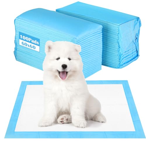 Almofadas cães 60 x 60 cm, 100 peças tapetes higiénicos descartáveis para animais de estimação, 5 camadas à prova de fugas secagem rápida, almofadas absorventes treino cães