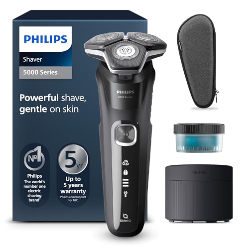Philips Série 5000 máquina de barbear elétrica para homem, máquina de barbear com aparador, 45 lâminas, cuidado da pele, 60 min de uso, seco e húmido, recarregável, centro de limpeza, S5898/50, preto