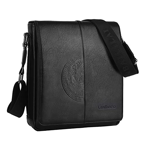 Leathario Bolsa de tiracolo para homem de couro vegetal vintage - bolsa de mensageiro grande negócio crossbody casual, Preto clássico, Elegante
