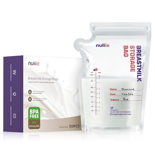 Nuliie 120 unidades sacos de armazenamento de leite pré-esterilizados, saco de leite materno com dispensador, livre de BPA, saco auto-sustentável, economia de espaço