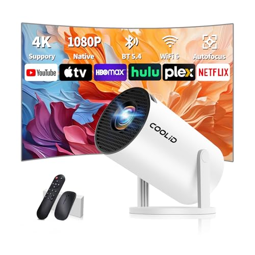 Mini projetor vídeo, projetor portátil com banda dupla WIFI 6 sem fios Bluetooth 5.4, correção trapezoidal automática, 270° rotativo HDMI/TV Stick/USB/PS5/Laptop, com cabo HDMI e rato, branco