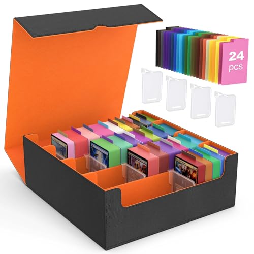 MoKo Caixa de armazenamento para cartões colecionáveis, 3000 MTG com 24 divisores e 4 suportes, estojo para cartas de jogos mágicos, YugiOh, TCG, PTG e cartões desportivos, laranja