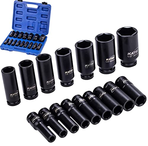 KATSU 1/2" Chaves de copo de impacto de 16 peças, 10 mm - 32 mm conjunto de chaves de copo de impacto profundo chave métrica resistente, ferramenta de reparação motores, camiões tratores 420441