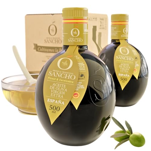 Azeite de azeitona virgem extra em percal com corni pack premium 2 x 500 ml garrafa de vidro AOVE SANCHO Gourmet intenso aromático colheita precoce primeira extração a frio origem Espanha DOP a