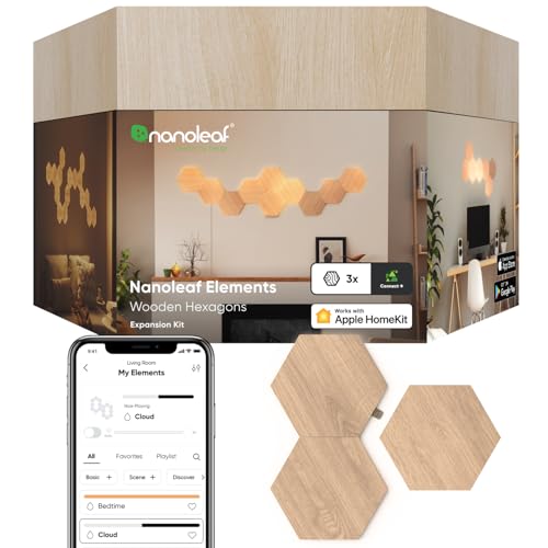 Nanoleaf Elements Pacote de extensão de 3 hexágonos LED adicionais efeito de madeira, apliques de parede interior modulares, luzes LED inteligentes regulável WiFi, compatível com Alexa, decoração de
