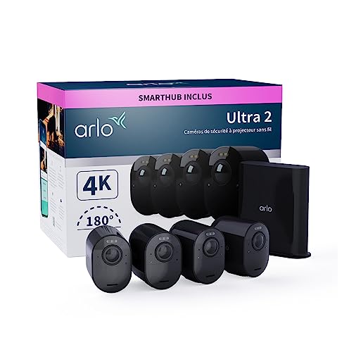 Arlo Ultra 2 câmara de vigilância WiFi exterior 4K, câmara de vigilância WiFi interior, sensor de movimento, alarme para casa, visão noturna cor, teste de arco seguro incluído, 4 câmaras, pretas
