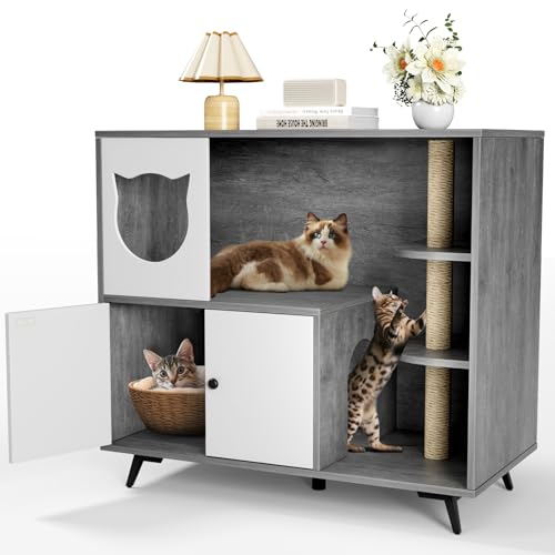 Armário de areia para gato, móveis de areia para gatos, 98 x 91 x 50 cm, armário de areia com poste de raspagem, caixa de areia para gato oculto com porta, casa para gatos, gruta de gato, carga 50 kg,