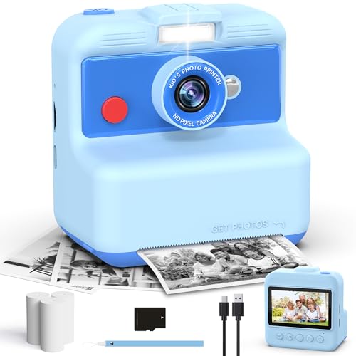 CAMCLID Câmara fotos infantis instantâneas, 3,0 polegadas câmara fotos crianças, 48 MP/2,5 K UHD câmara instantânea com cartão de 32 GB, presente para meninas e meninos 3 4 5 6 7 8 9 10 12 Meses azul)