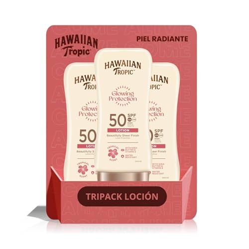 Hawaiian Tropic Glowing Protection Ultra Radiance - Loción Solar Protectora SPF 50, Protege la Piel, Fragancia de Frutas Tropicales, Crema