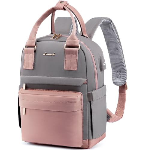 LOVEVOOK Mochila de mulher pequena, mala mochila de viagem anti-roubo com porta de carregamento USB, impermeável casual mini pack para escritório universidade compras uso diário, Rosa e cinzento, 11