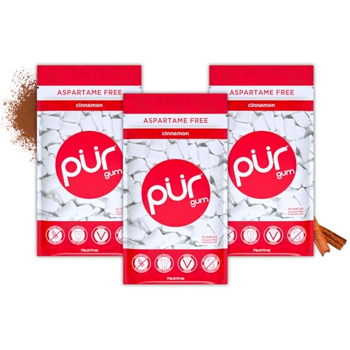 PUR Gum Chiclete sem açúcar | com Xilitol , vegano, sem partamo e sem glúten, pastilha natural com sabor a cinnamon, 55 peças, embalagem de 3 unidades