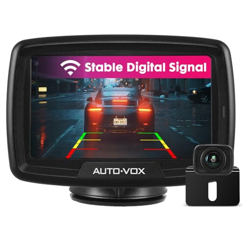 AUTO-VOX CS2 Câmara traseira sem fios com monitor de carro de 4,3 polegadas, sinal digital estável, câmara retrovisora impermeável com visão noturna clara para camiões/carrinhas