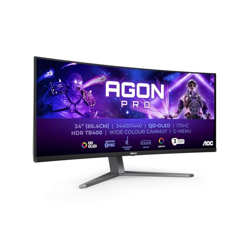 AOC Agon Pro AG346UCDAM Monitor de jogos curvo OLED WQHD de 34 polegadas, 175 Hz, 0,03 ms, FreeSync Premium Pro, Comp. G-Sync, HDR400 3440x1440, 2X HDMI, DisplayPort, USB Hub preto, QD-OLED