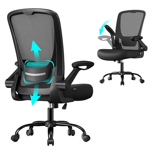 SONGMICS OBN37BK Cadeira de escritório com apoio para braços rebatível, cadeira de escritório giratória 360 °, suporte lombar ajustável, economia de espaço, preto