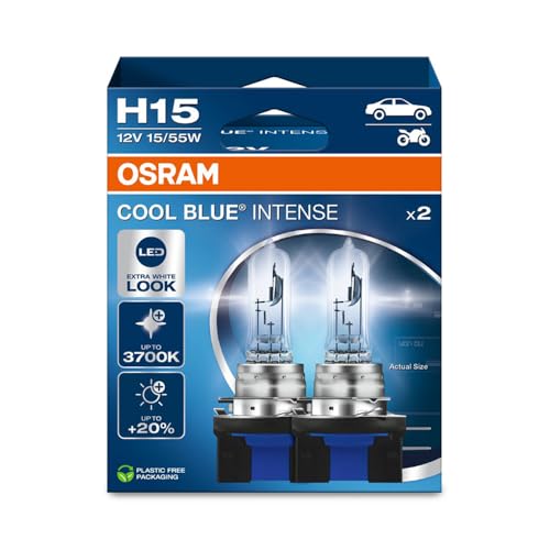 OSRAM COOL BLUE INTENSE H15, +20% mais brilho, até 3700 K, lâmpada de farol halogéneo, aparência LED, caixa dobrável pendente (2 lâmpadas)