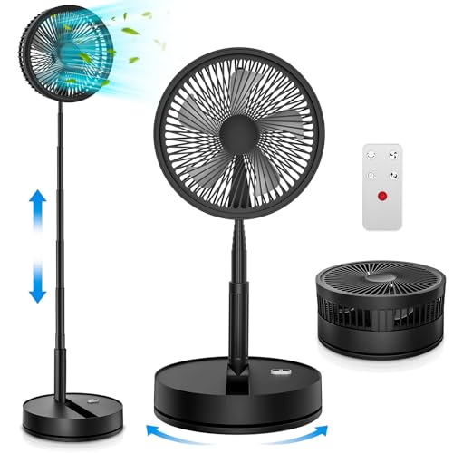 Oscilante ventilador de pé portátil silencioso com remoto, 9" dobrável 7200 mAh bateria recarregável USB C ventiladores, altura ajustável pequena mesa ventiladores, chão ventosa para casa escritório