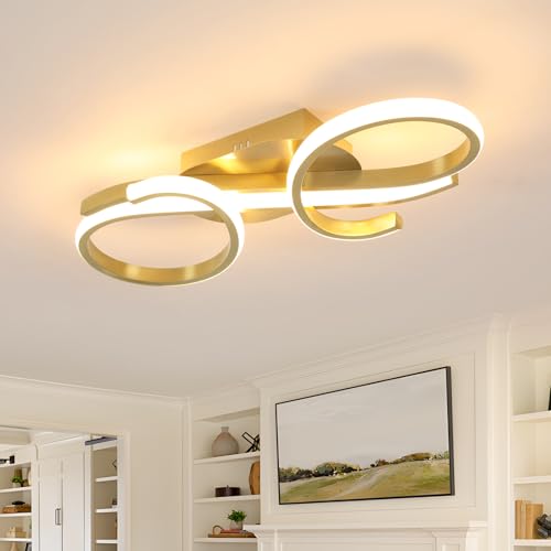 Candeeiro de teto LED moderno, 36 W LED teto luz quente 3000 K, luz de teto de acrílico para quarto, sala de estar, estúdio, sala de estar, corredor, sala de jantar, cozinha (ouro, dia 42 cm)