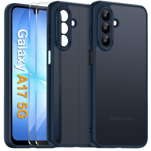 COPIKE Capa mate para Samsung Galaxy A17 4G / 5G e protetor de câmera, capa anti-impactos gelada translúcida, anti-impressões com 2 peças, vidro temperado, azul
