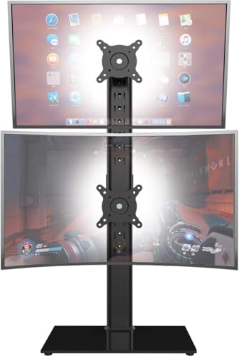 Hemudu Suporte vertical monitor duplo, suporte dois monitores vertical para monitor de 13 a 34 polegadas, suporte monitores rotativos de 100º, inclinação de 25º, altura ajustável de 4 níveis, MAX 20