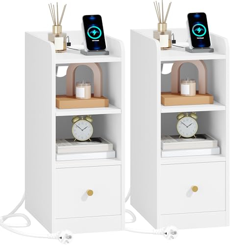 Hzuaneri Mesas de cabeceira conjunto de 2, com estação de carregamento, porta USB e tipo C, mesas auxiliares estreitas, espaço de armazenamento de 3 níveis com 1 gaveta, para quarto, sala, branco