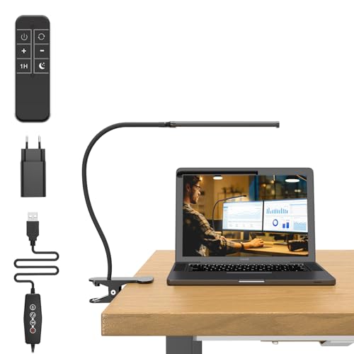 Mojimdo 77 LED Candeeiro de mesa regulável com controlo remoto [3 modos de cor e 10 níveis de brilho] Gola de cisne flexível de 40 cm com adaptador USB, franjas de pinça para casa