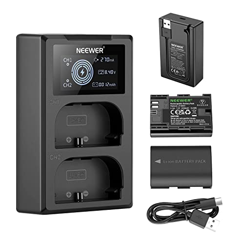 NEEWER LP-E6NH Conjunto de carregador de bateria de substituição compatível com Canon EOS R7 R5 R6 R 5DIII IV 6DII 70D 80D 90D pacote de 2250 mAh carregador USB duplo com ecrã USB-C cabo