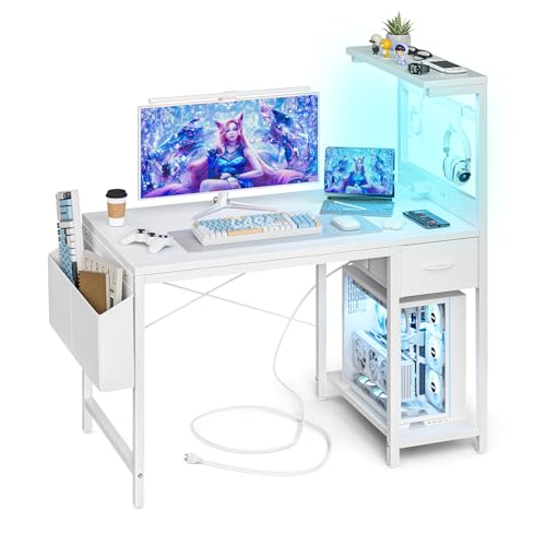 Grandder Secretária Gaming 100 cm com tomada LED RGB prateleiras batíveis gaveta organizador para PC portátil casa / escritório inclui bolsa