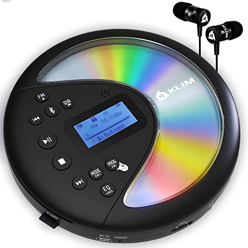 Klim Discover Leitor de CD portátil - novo - Discman com bateria de longa duração e auriculares - rádio FM portátil compatível com MP3, SD Card, Bluetooth, ideal para carros