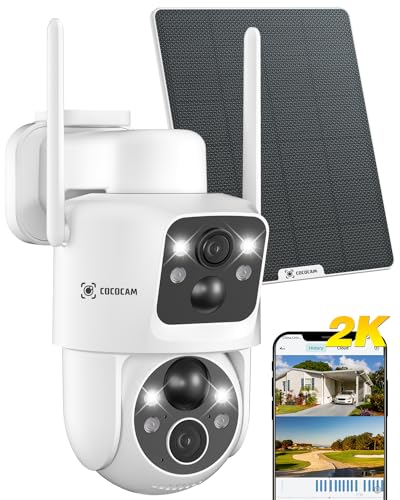 COCOCAM 2K Câmara de vigilância WiFi exterior solar com lentes duplas PIR, sem cabo, bateria 10000 mAh, 355°P 90°T, análise de IA, painel solar 6W, IP66