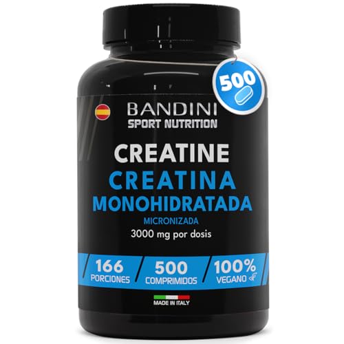 Bandini Creatina mono-hidratada pura 3000 mg 500 comprimidos - suplemento vegan sem sabor para + 5 meses de fornecimento - Resistência aumentada, aumenta os efeitos dos exercícios e do desporto