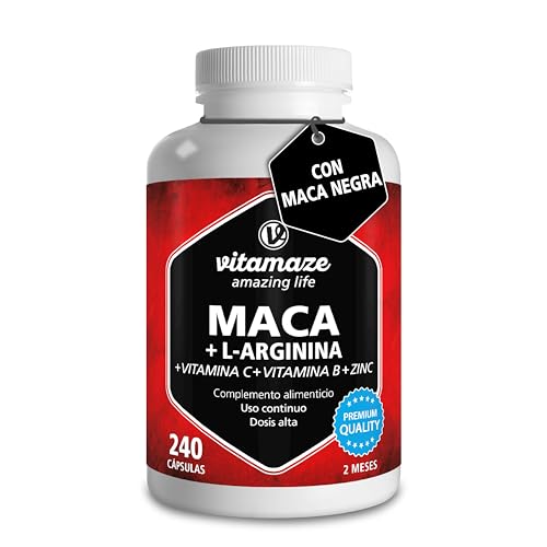 Maca preta complex com L-arginina, três tipos de Maca Andina (preto, amarelo e vermelho) vitamina C, B6, B12 zinco, 240 cápsulas, raiz peruana, qualidade alemã, sem aditivos. Vitamaze
