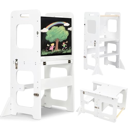 Labebe Torre de aprendizagem para crianças, Montessori torre de madeira, dobrável 3 em 1 torre de aprendizagem, Learning Tower com quadro preto descapotável em secretária infantil (branco)