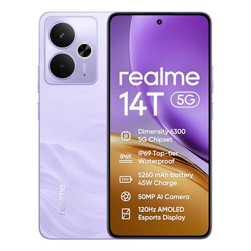 realme 14T Smartphone 5g, 8 + 256 GB, bateria 5260 mAh, processador Dimensity 6300, IP69, câmara de 50 MP, ecrã AMOLED para desportos de 120 Hz, roxo relâmpago, exclusivo da Amazon (sem adaptação