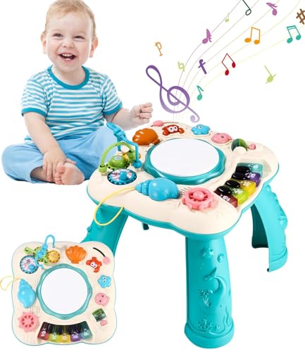 SOBEAU Mesa atividades bebé, brinquedos crianças 1 ano instrumentos musicais, educativos mesa atividades tambor piano infantil, presentes meninos meninas 1 2 3 anos, verde