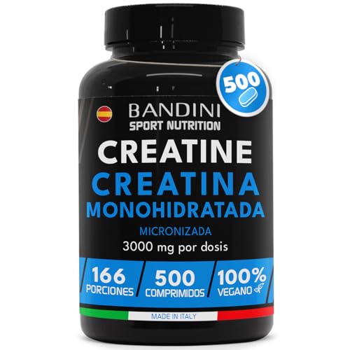 Bandini® Creatina mono-hidratada pura 3000 mg 500 comprimidos - suplemento vegan sem sabor para + 5 meses de fornecimento - Resistência aumentada, aumenta os efeitos dos exercícios e desportos