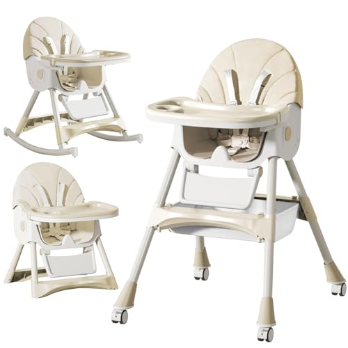 LINELUCK Cadeira alta para bebé evolutiva, cadeira ajustável para bebé, cadeira reclinável, ajustável e dobrável com mesa de sala de jantar e rodas, de 6 meses a 6 anos