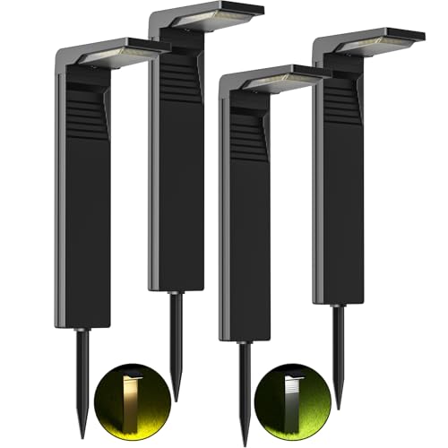 OUSFOT Luzes solares LED exterior jardim impermeável IP65 holofote solar exterior luzes solares 32 LED 2 modos de temperatura de cor no chão para jardim, pátio, caminho-4PSC