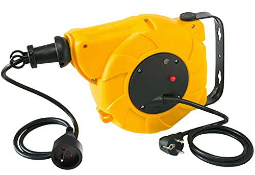 Electraline 100236 Enrolador de cabos elétrico automático com mola com extensão (10 m, 250 V), amarelo, 8 m