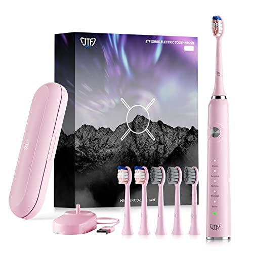 JTF Escova de dentes elétrica sónica para adultos, 6 cabeças e IPX7, 40000 VPM e 5 modos, sensor de pressão e temporizador de escovagem ultra-sónica para mulheres homens Electric Toothbrush com estojo