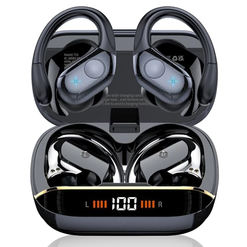 Qecnato Auriculares sem fios desportivos, auriculares Bluetooth 5.4 HiFi estéreo com microfone HD, 75H capacetes sem fios Bluetooth com cancelamento de ruído ENC, ecrã LED, IP7 impermeável, preto