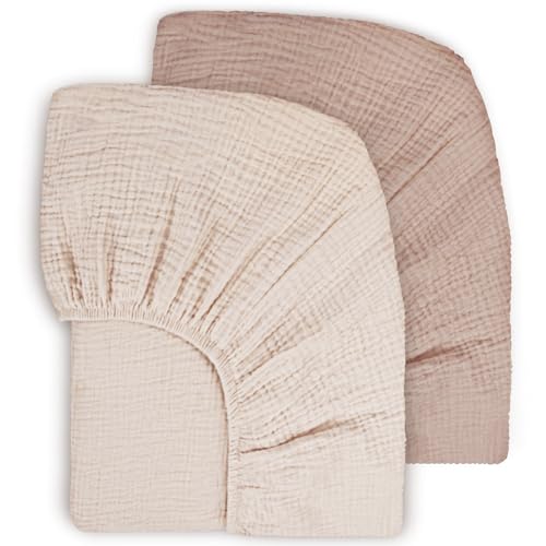 Susurration 100% algodão musselina conjunto de 2 lençóis de baixo ajustáveis para crianças, para berço de viagem lençol-capa ajustável para cama auxiliar 60 x 120 cm/70 x 140 cm (bege)