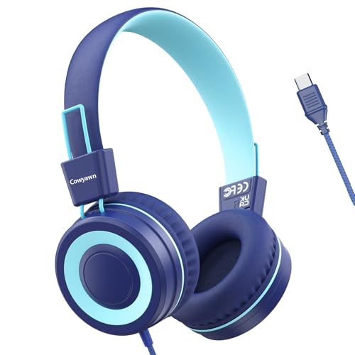 Cowyawn Auriculares USB tipo C para crianças, auriculares com cabo para crianças, volume limitado de 94 dB, som estéreo HD, dobráveis, leves, com cabo para crianças, adolescentes, crianças, azul