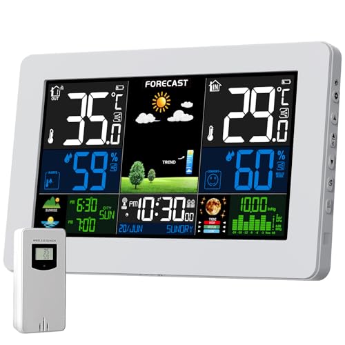 Estação meteorológica para casa com sensor digital, relógio a cores hora temperatura humidade previsão do tempo barómetro termómetro higrómetro, branco