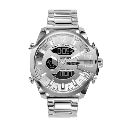 Diesel Mega Chief Relógio para homem, movimento Ana-Digi com correia de silicone, aço ou pele, 51MM