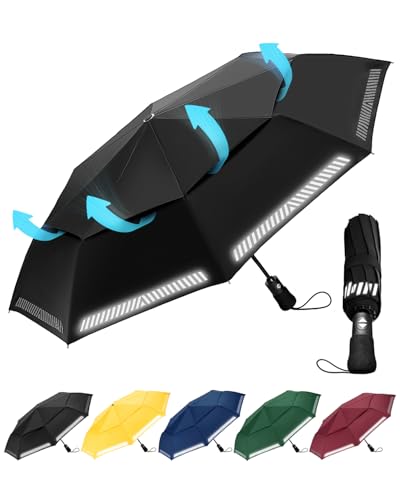 Chakipee Guarda-chuva dobrável antivento automático refletor resistente ao vento com cobertura dupla compacto para mulher e homem guarda-chuva de viagem 8 hastes